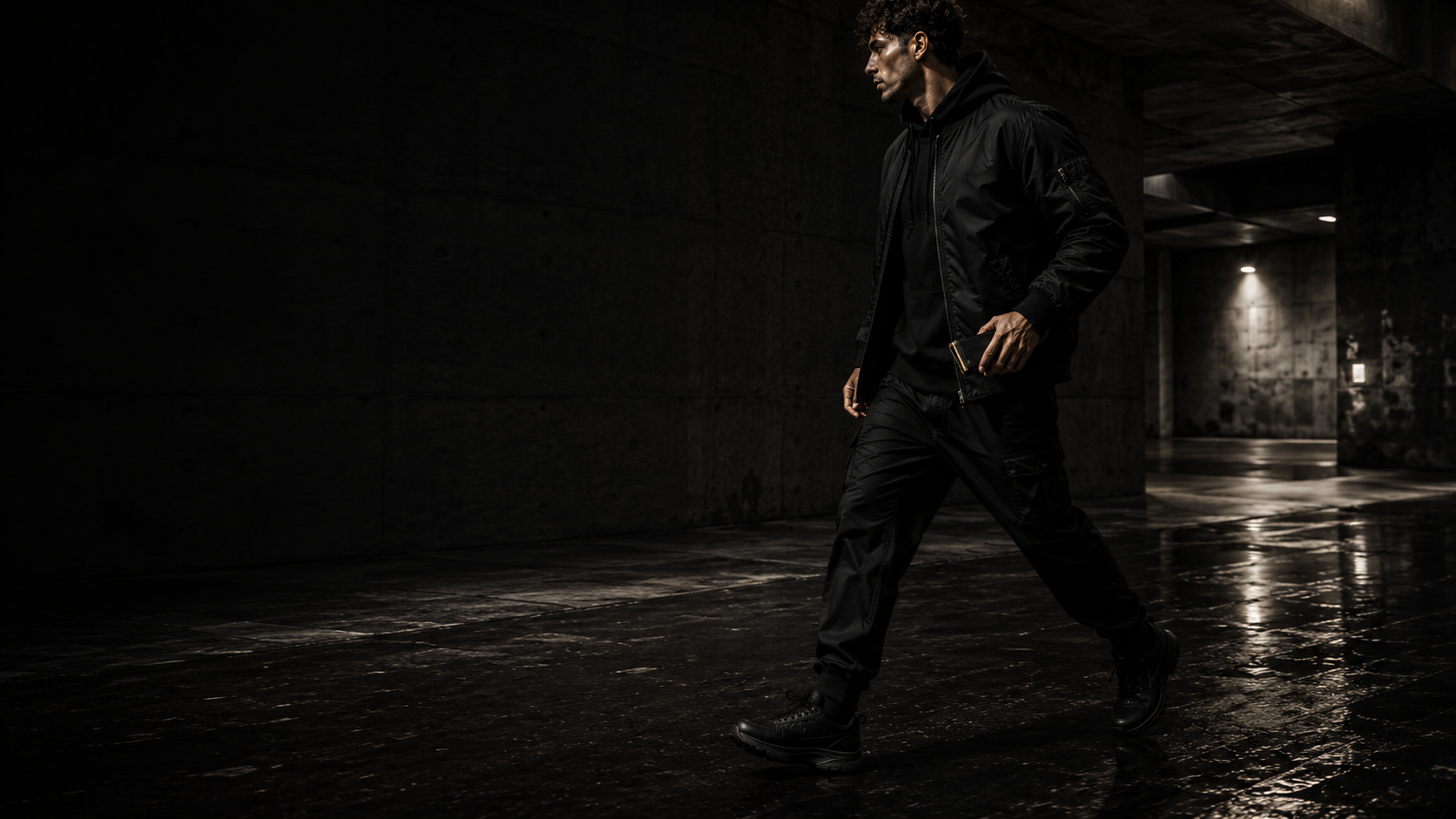 Mann in schwarzer Streetwear geht mit VAULTEN Slim Wallet durch eine dunkle Unterführung