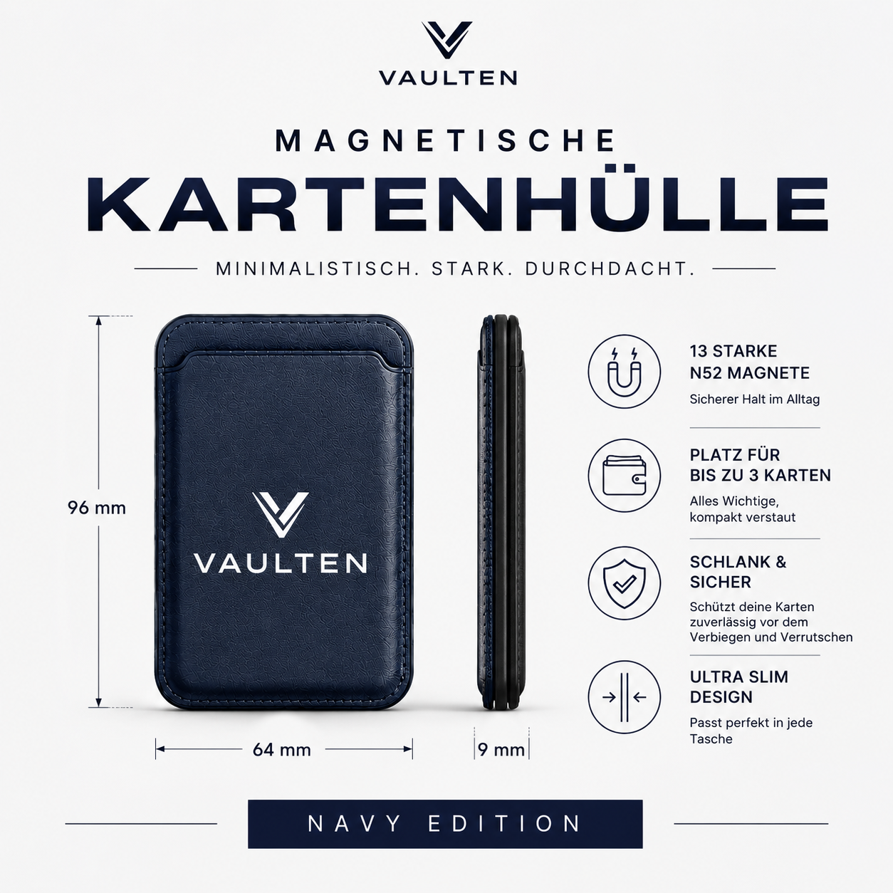 VAULTEN Slim – Magnetic Wallet Navy Edition