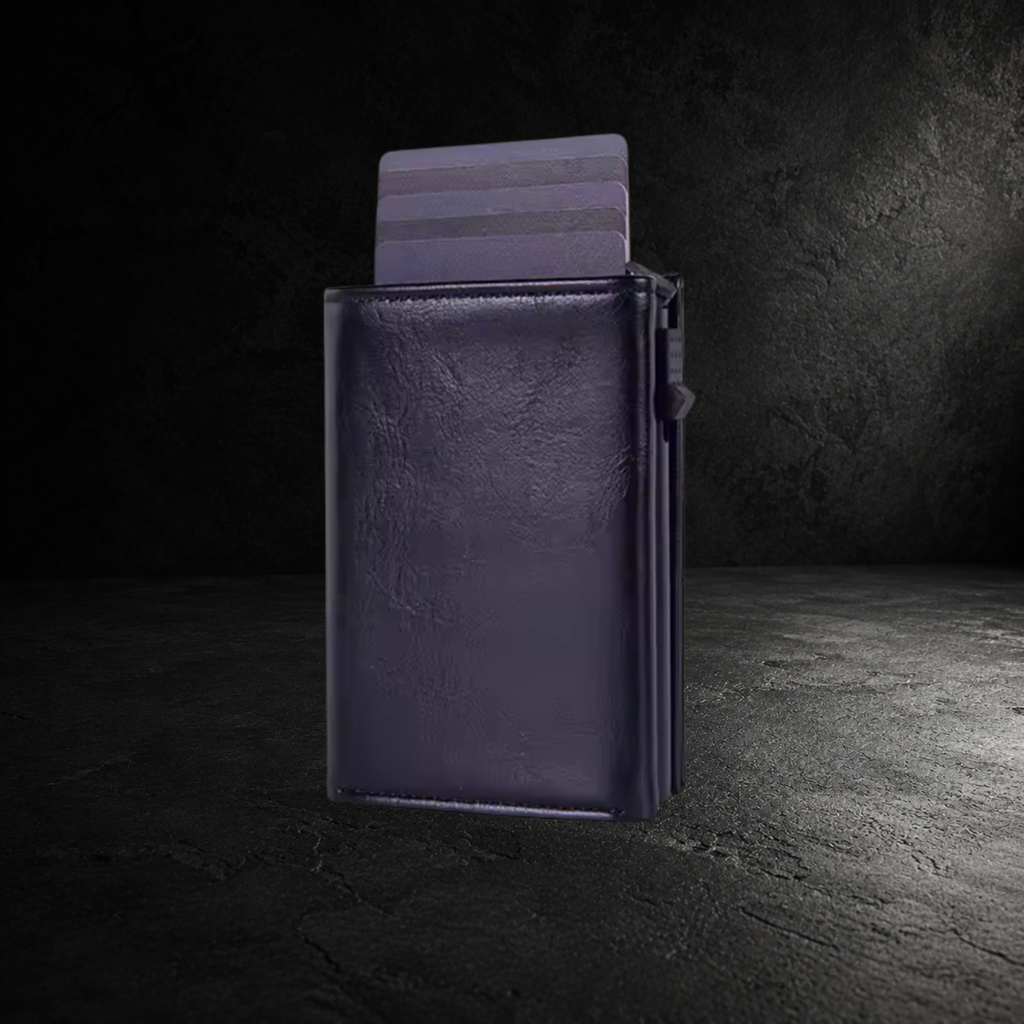 VAULTEN Slim Wallet Schwarz Vorderansicht mit Aluminium Karten Popup Mechanismus