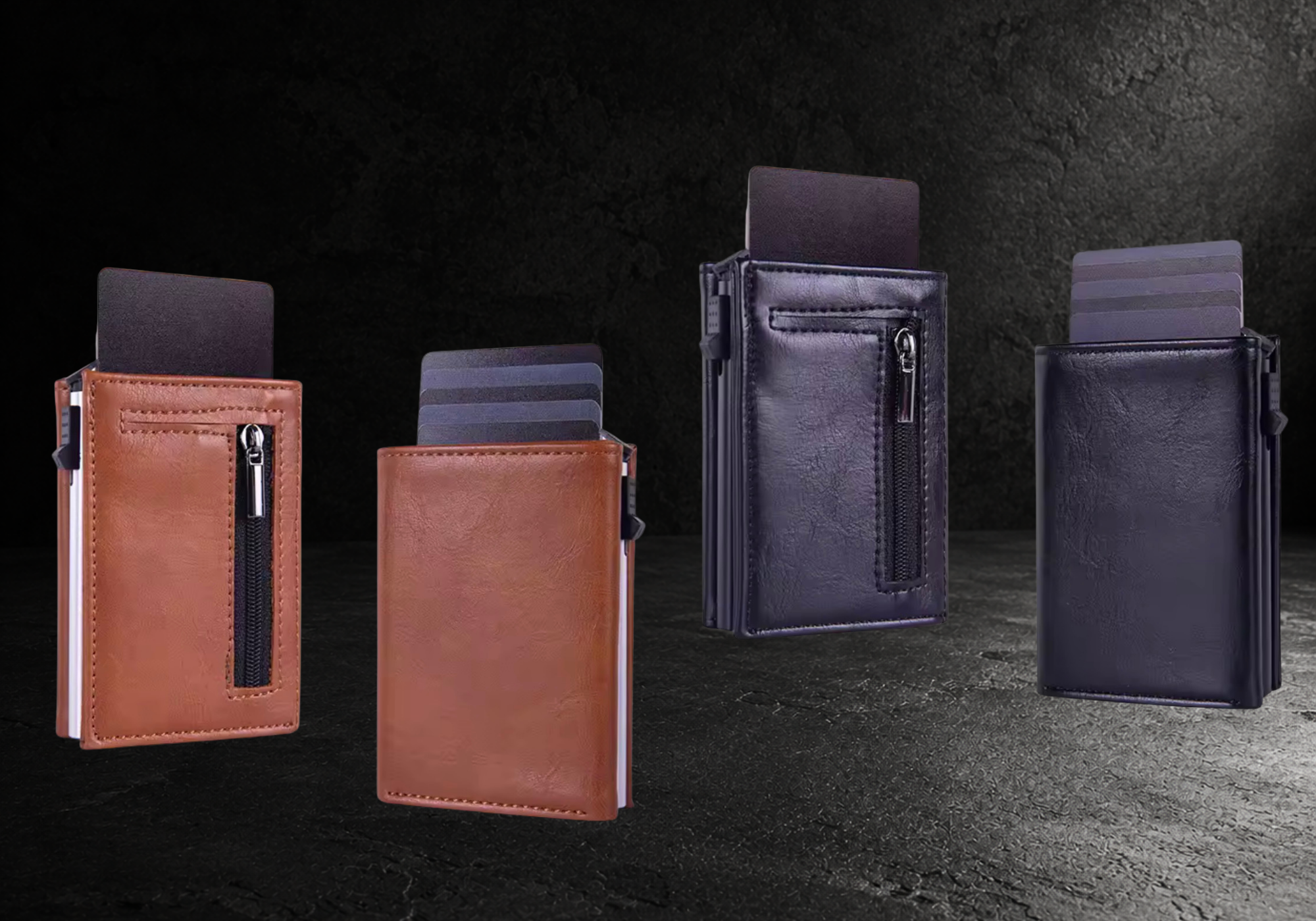 Vier VAULTEN Slim Wallets in Braun und Schwarz mit RFID Schutz auf dunklem Untergrund